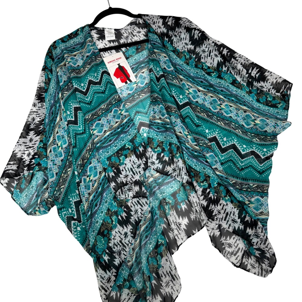 Womens Geometric Print Kimono Wrap Lightweight Boho Beach Cover Up One‎ Size
